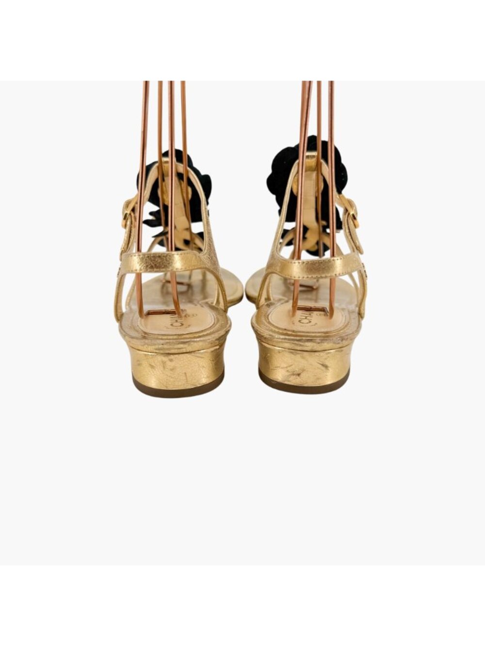 Chanel Camellia Pearl T-Strap Sandals Gold Leather Size 37C US 6–6.5 Women Flat - Picture 7 of 15